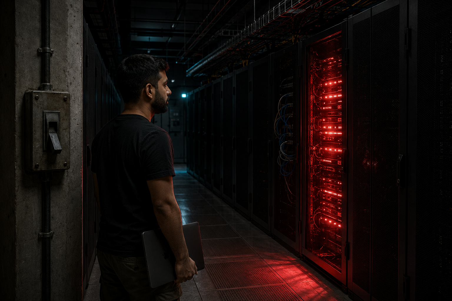 Flat editorial illustration of a dark data center aisle, rows of unlit server racks, one rack in the center glowing hot red with blue liquid overflowing out of it and pooling on the floor, a small red toggle switch beside it flipped off.