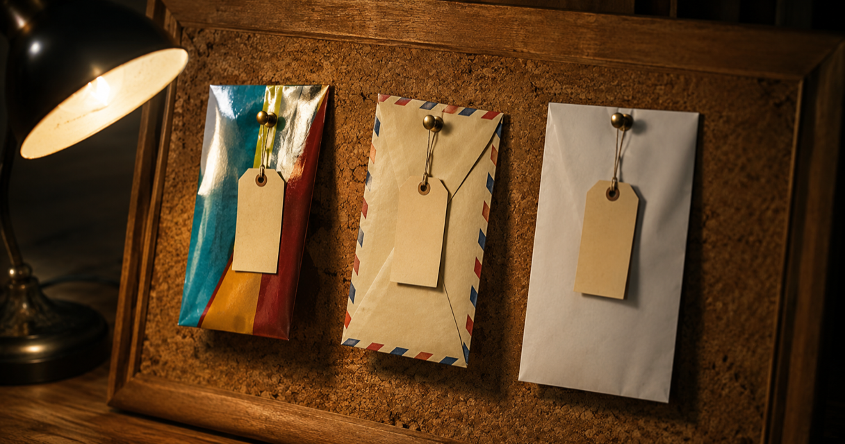 Photorealistic macro shot of three paper envelopes pinned to an aged corkboard like insect specimens in a naturalist's collection, each under a small brass pin with a blank label tag, warm lamp light, shallow depth of field.