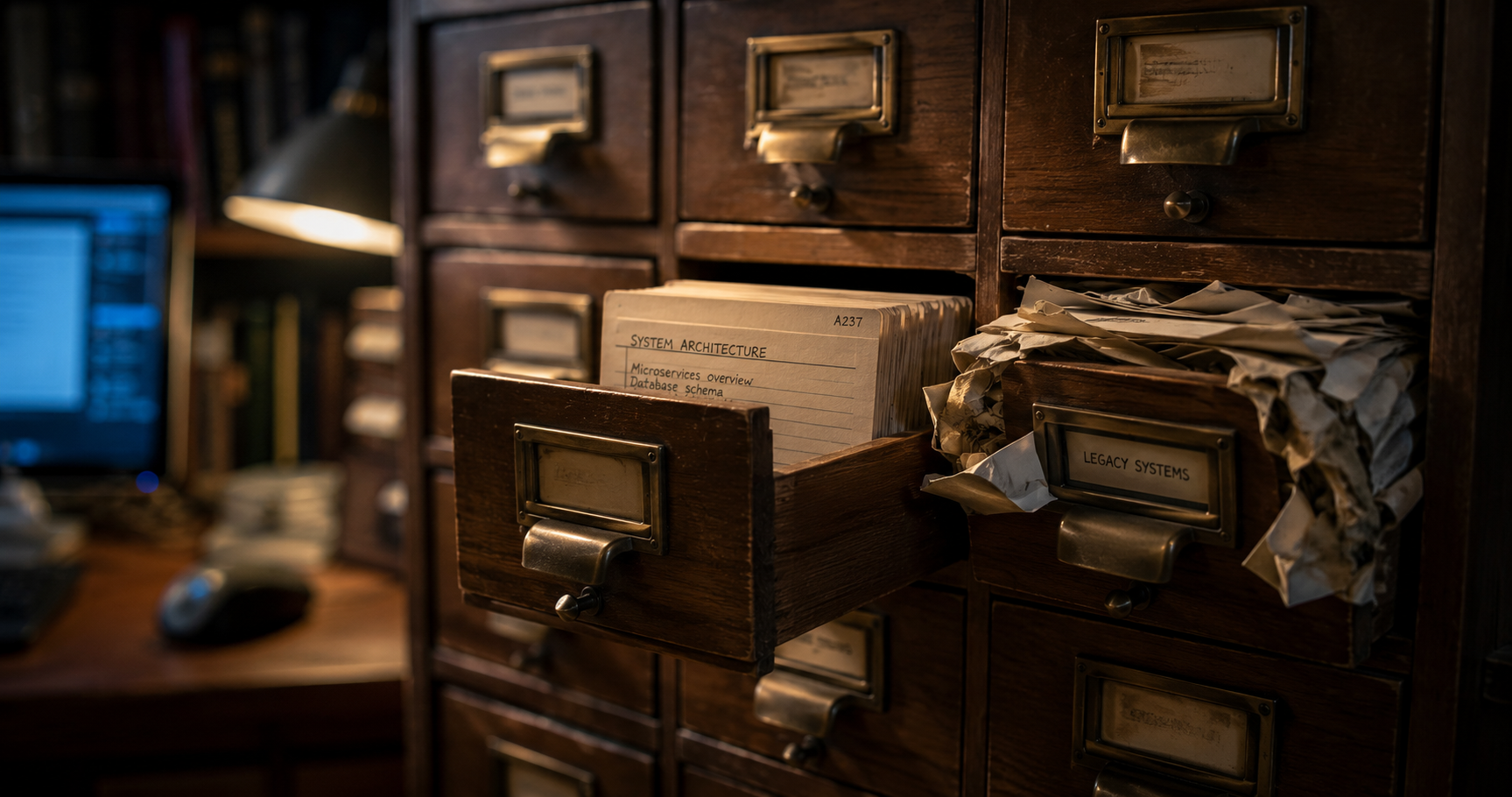 A wooden library card catalogue in a dim study, one drawer pulled open with neatly filed index cards inside, the drawer next to it jammed open and overflowing with crumpled paper, a monitor glowing softly in the background.
