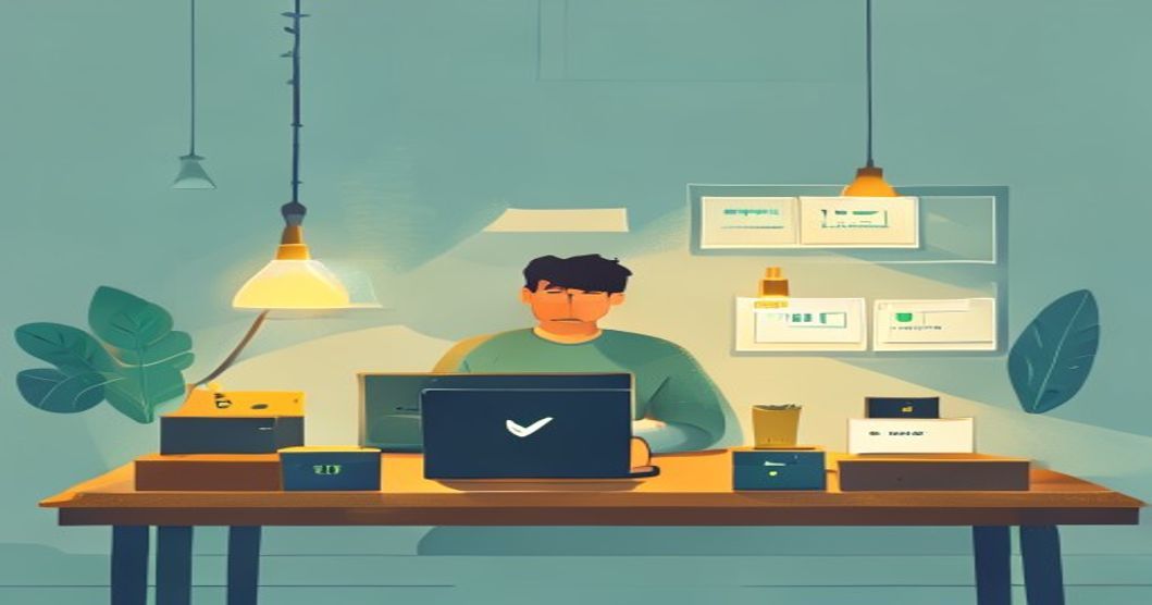 A developer at a wooden desk with a laptop, a row of seven small labelled database icons arranged in front like a compact lab, one lit up with a green success checkmark while a labelled backup file is lowered into it, warm desk lamp glow, flat editorial illustration.
