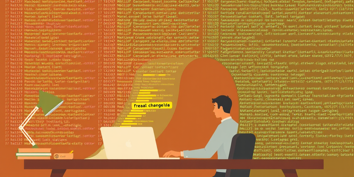 A developer at a desk being buried under an enormous unrolling scroll of green and red code diff lines pouring out of his laptop, with one tiny section glowing yellow as the real change.