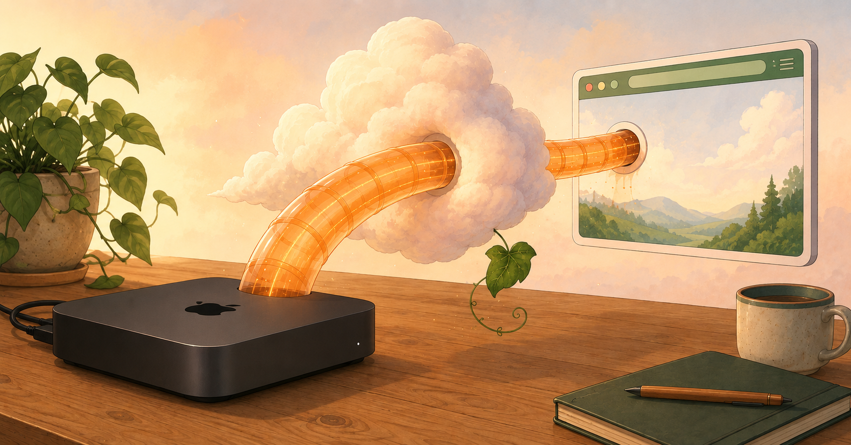 A 2018 Mac mini on a wooden desk with a soft orange tunnel arching out of it through a pastel cloud, a small green vine leaf hovering near the cloud, connecting to a tiny browser window on the other side, editorial illustration, warm pastel colors.