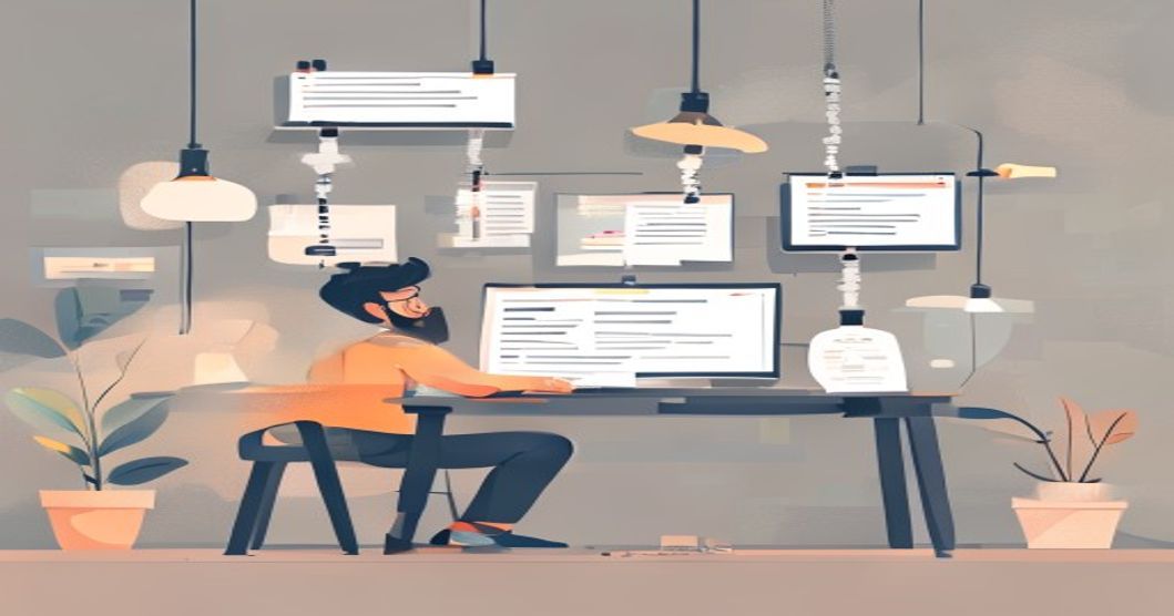 Flat illustration of a developer at a desk watching a single blog post split into multiple copies flowing through pipes to different destinations, with a couple of pipes leaking gently, soft warm colors.