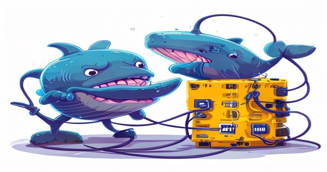 Two cartoon Docker whales fighting over a single yellow port panel with tangled cables, illustrating two containers trying to bind the same host port