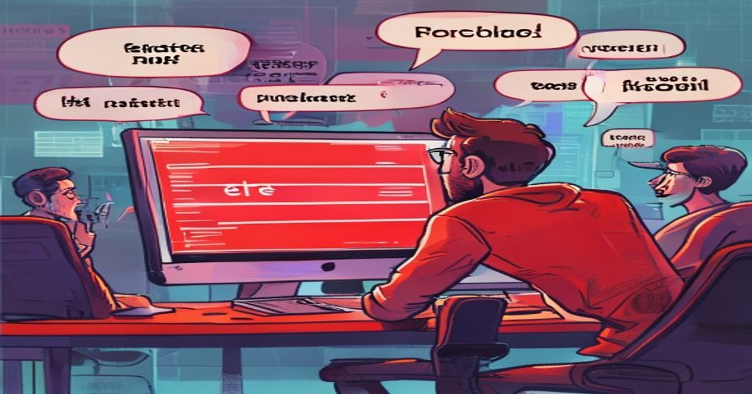 A developer looking at a computer screen showing a giant red error message about port 80803, with team members debating suffix vs prefix in the background.