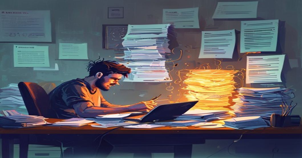 A tired developer at a laptop feeding a giant stack of messy paper documents into a glowing machine on his desk, and clean markdown scrolls coming out the other side, editorial illustration style.