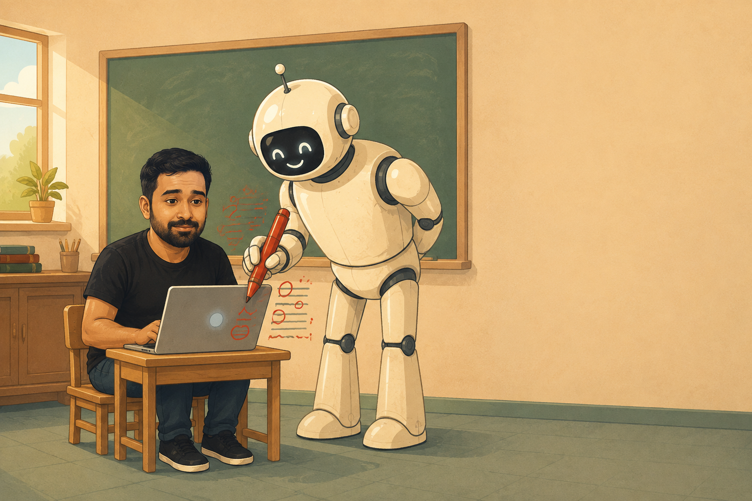 An adult developer squeezed into a small wooden school desk with a laptop, while a tall retro robot teacher marks his screen with a big red grading pen