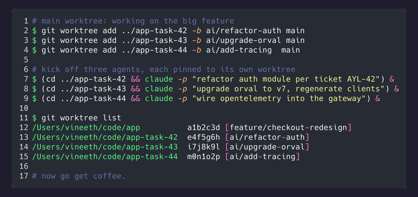 Three worktrees, three agents, three branches, all running in parallel.