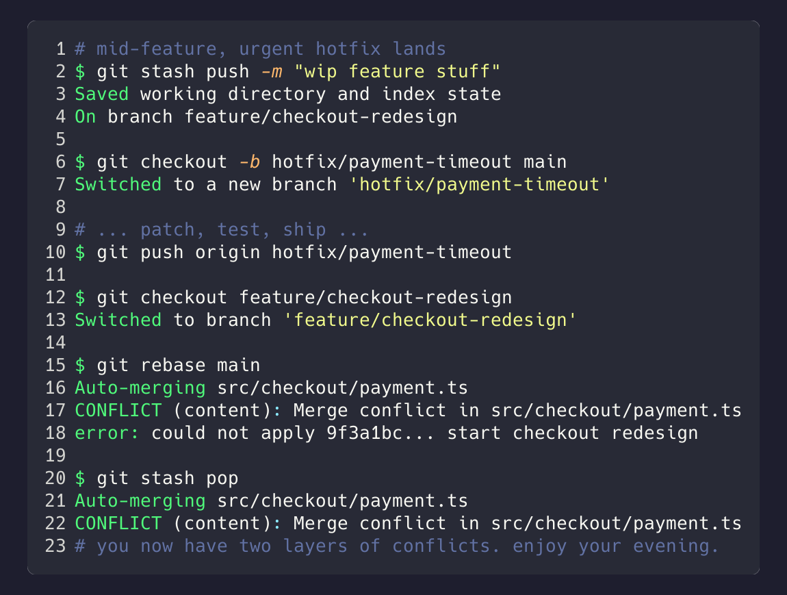 A terminal full of git stash, checkout, rebase, conflict messages, the old hotfix dance.