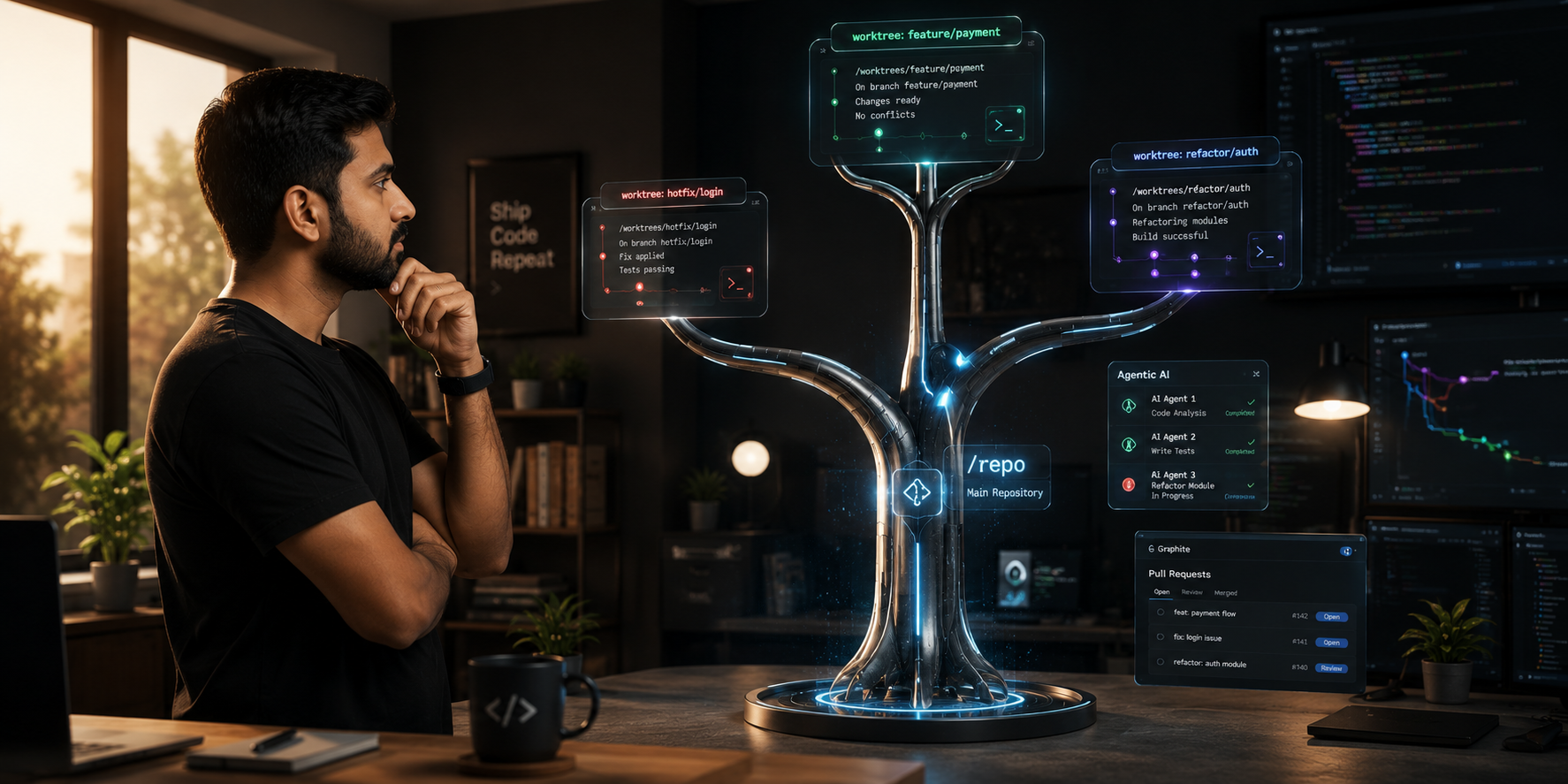 A developer calmly sipping coffee while three parallel laptops at branching desks each run their own task, flat illustration, soft colors, modern editorial style.
