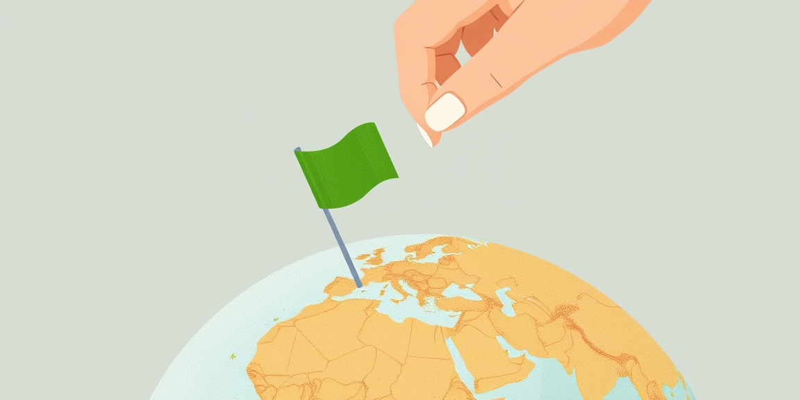 A hand pinning a small green leaf flag onto a desk globe pointing at Germany, flat illustration, soft colors, modern editorial style.
