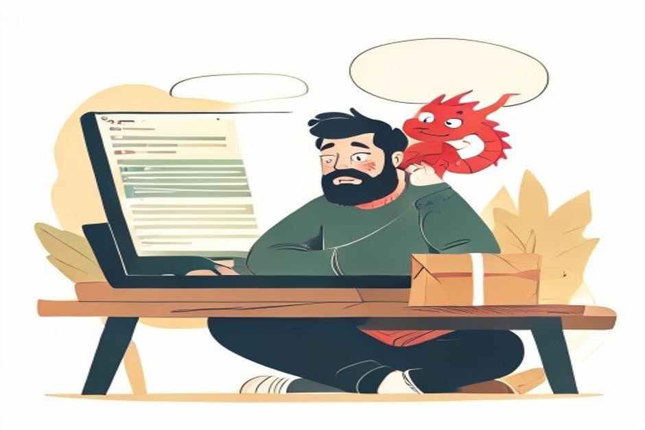 A tired developer in a green sweater at a laptop, a smug red cartoon dragon perched on his shoulder guarding a brown package box on the desk, editorial illustration style.