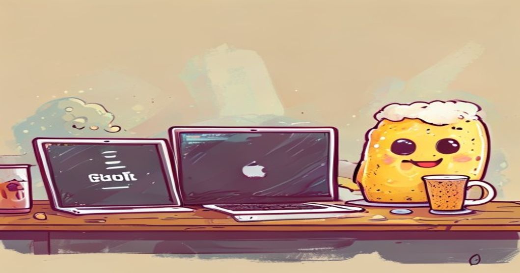 A tired developer at a desk with two laptops side by side, one showing a Mac terminal with brew install and the other a Windows terminal with scoop install, a cartoon frothy beer mug mascot beside the Mac and a metal ice cream scoop mascot beside the Windows laptop, editorial illustration style.