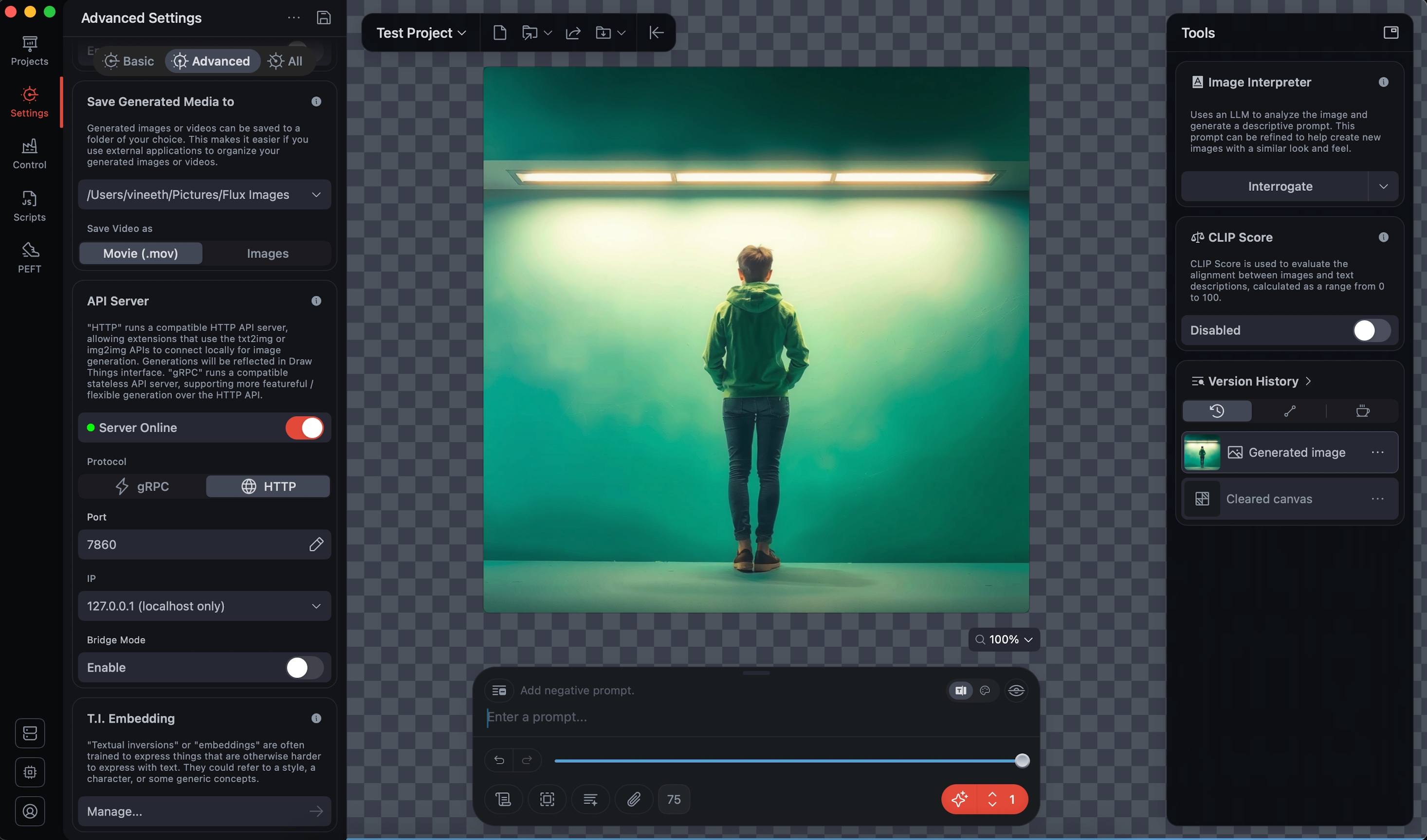 Draw Things API Server settings panel showing Server Online toggled on, Protocol set to HTTP, Port 7860, IP set to 127.0.0.1 localhost only, Bridge Mode disabled.