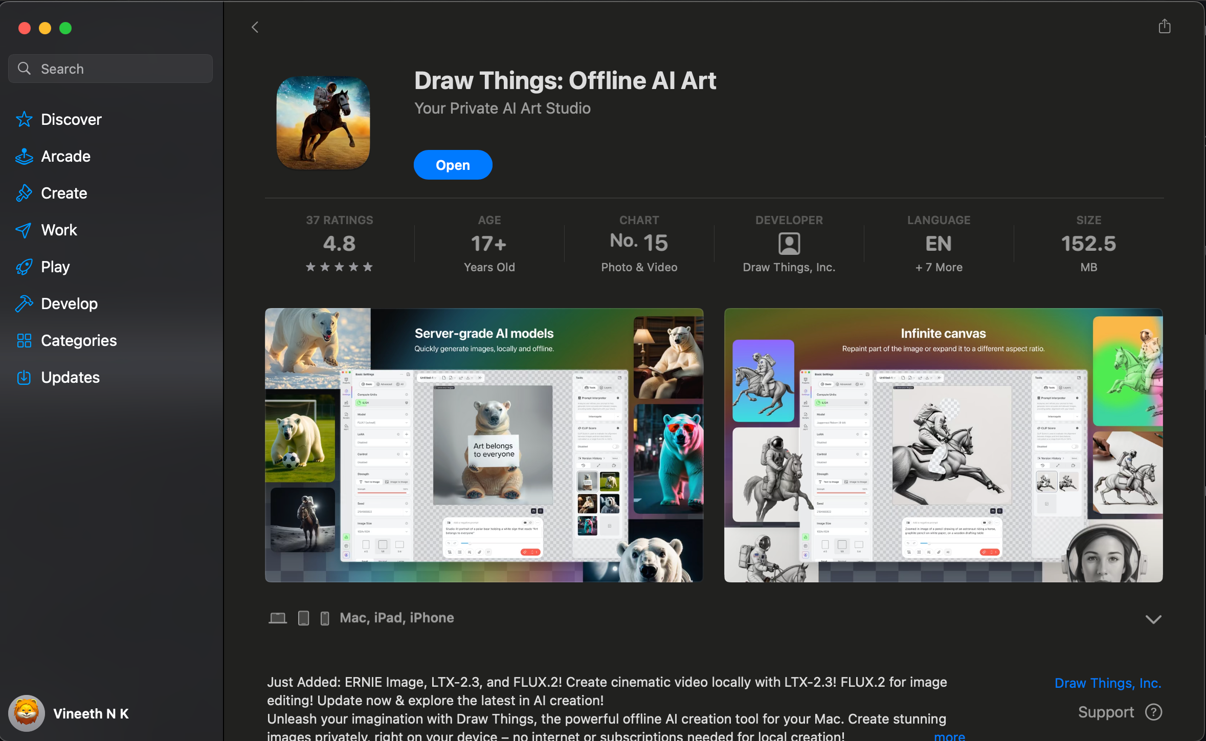 Draw Things on the Mac App Store showing the developer Draw Things, Inc. with an astronaut on horseback icon and a 4.8 star rating.