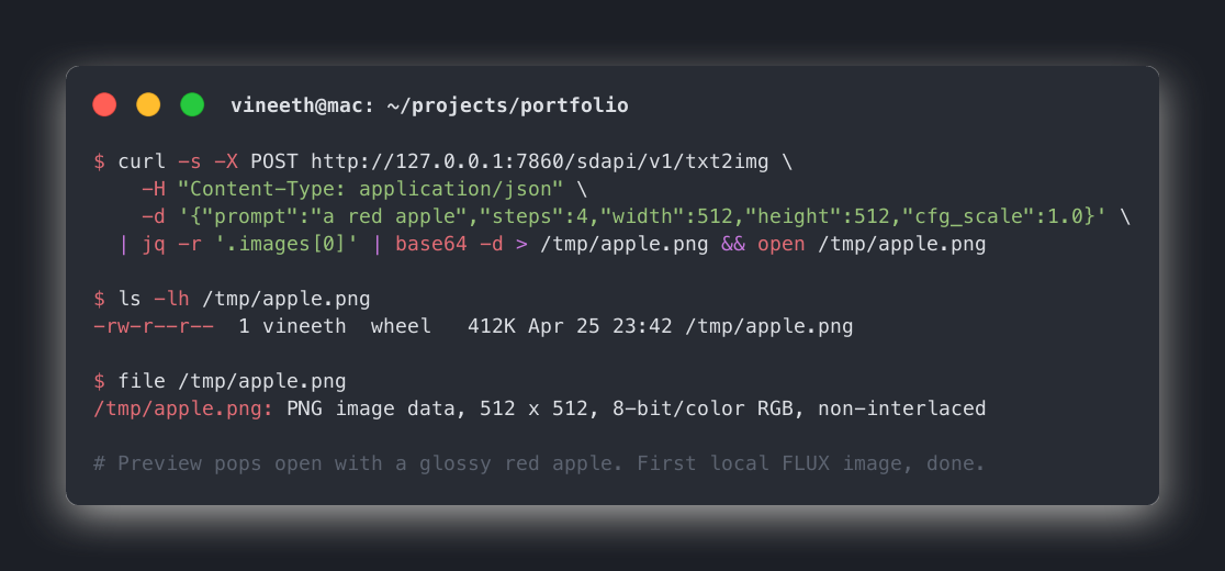 Terminal session showing the curl + jq + base64 pipeline succeeding, with ls -lh and file confirming a 512x512 PNG was created at /tmp/apple.png.