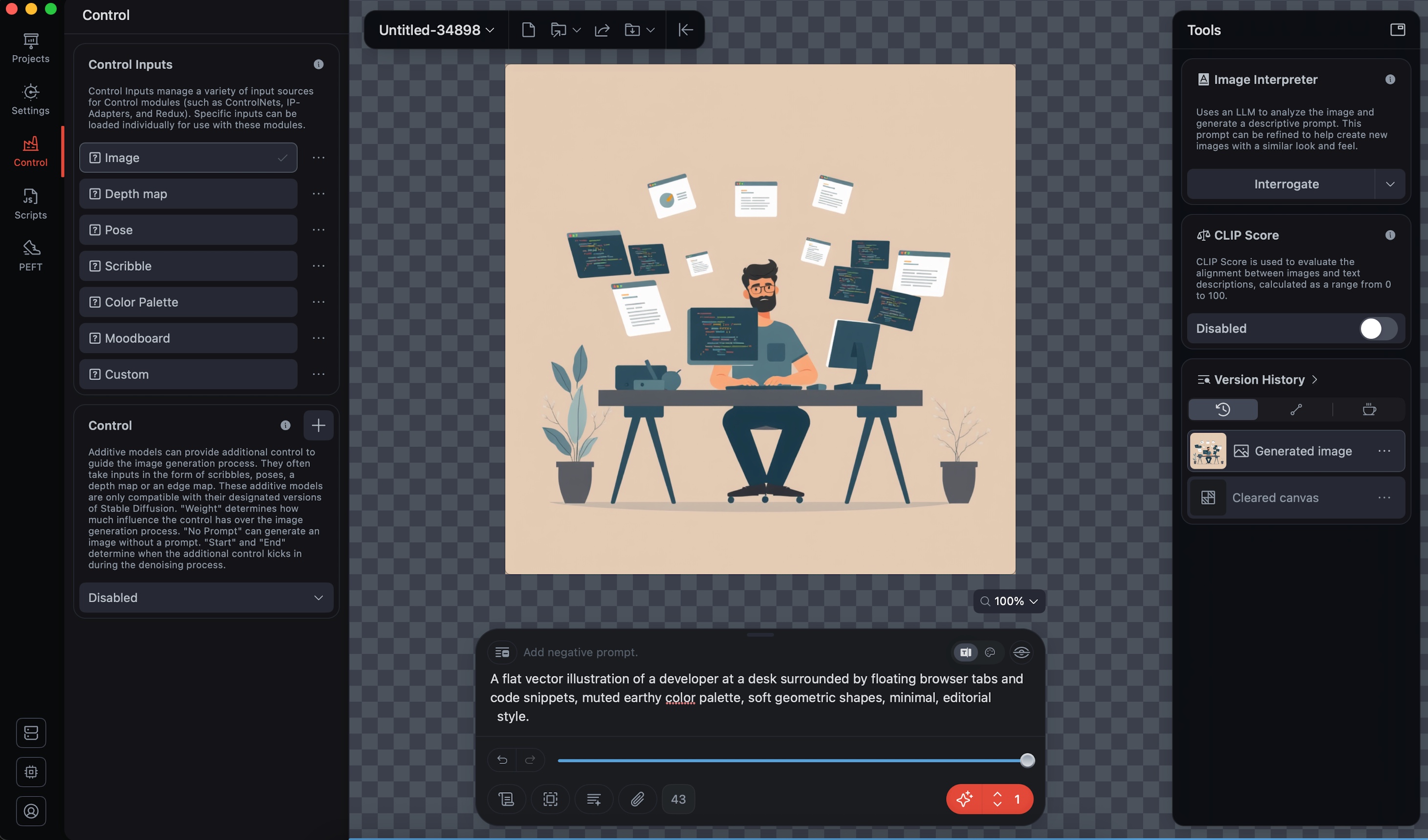 Draw Things app generating a moody illustration of a tired developer at a laptop late at night.