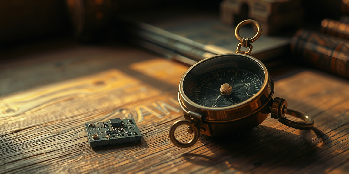 A vintage brass compass and small circuit board resting on a weathered wooden desk in soft warm window light, photographic with shallow depth of field.
