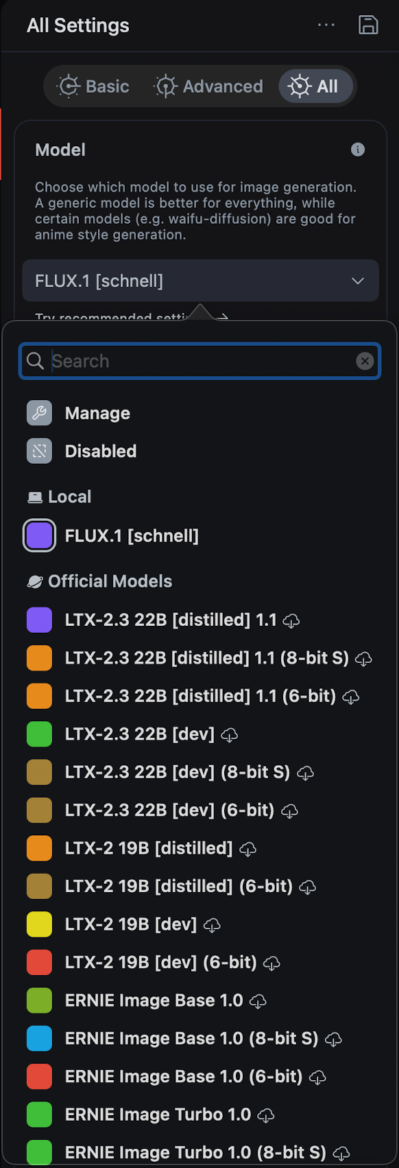 Draw Things model picker dropdown open, showing FLUX.1 schnell selected at the top with the Local section listing one installed model and the Official Models section listing LTX-2.3 and ERNIE Image variants below.