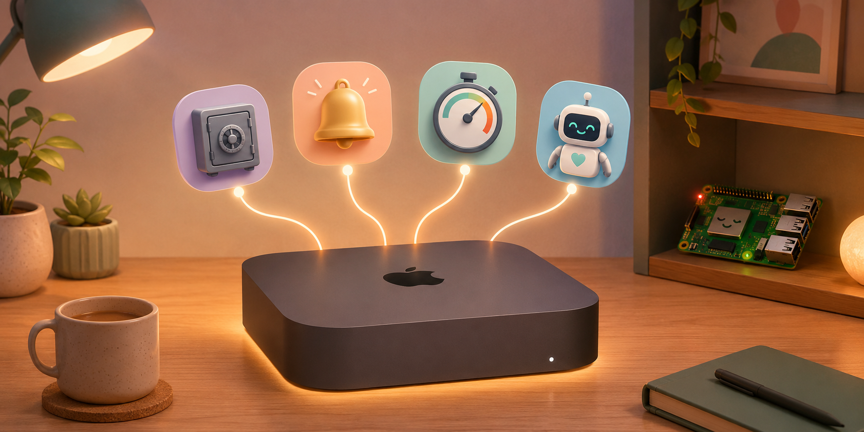 A 2018 Mac mini sitting on a wooden desk with small glowing icons hovering above it representing a vault, a notification bell, a workflow, and a small robot, soft editorial illustration, warm pastel colors.