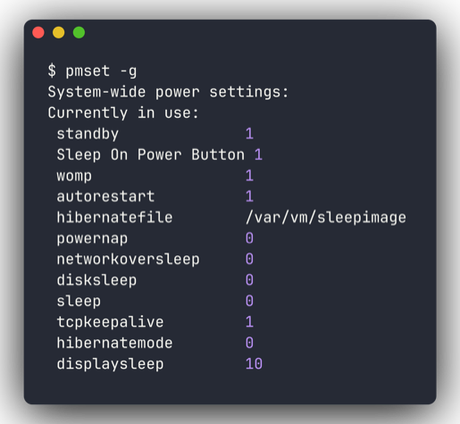 pmset -g output showing sleep 0, disksleep 0, autorestart 1, tcpkeepalive 1, womp 1.