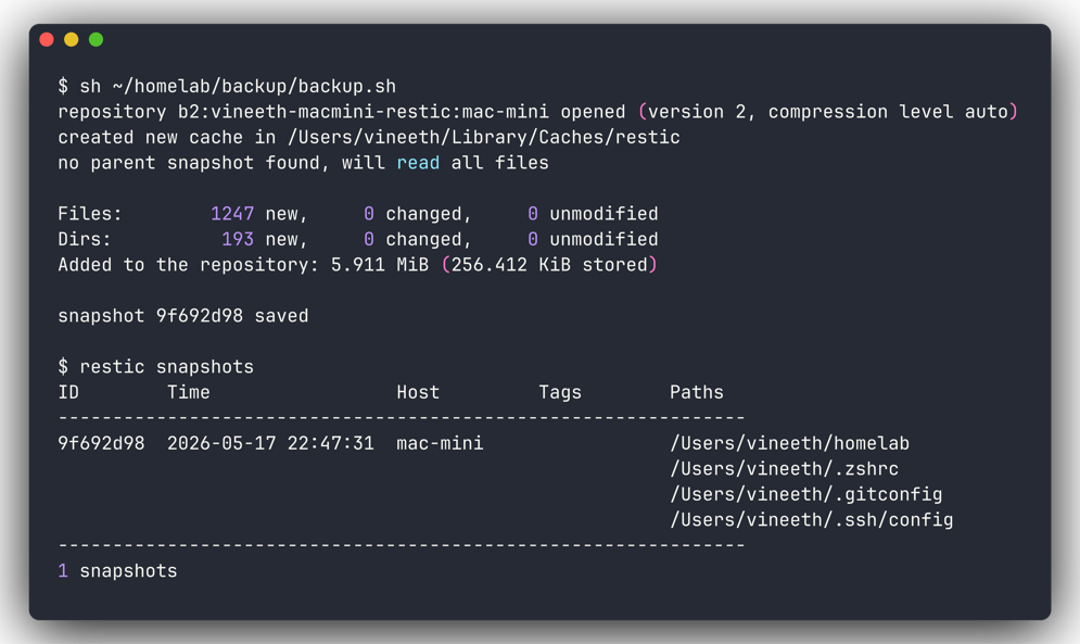 restic snapshots output showing the first snapshot pushed to B2 with snapshot ID and size.