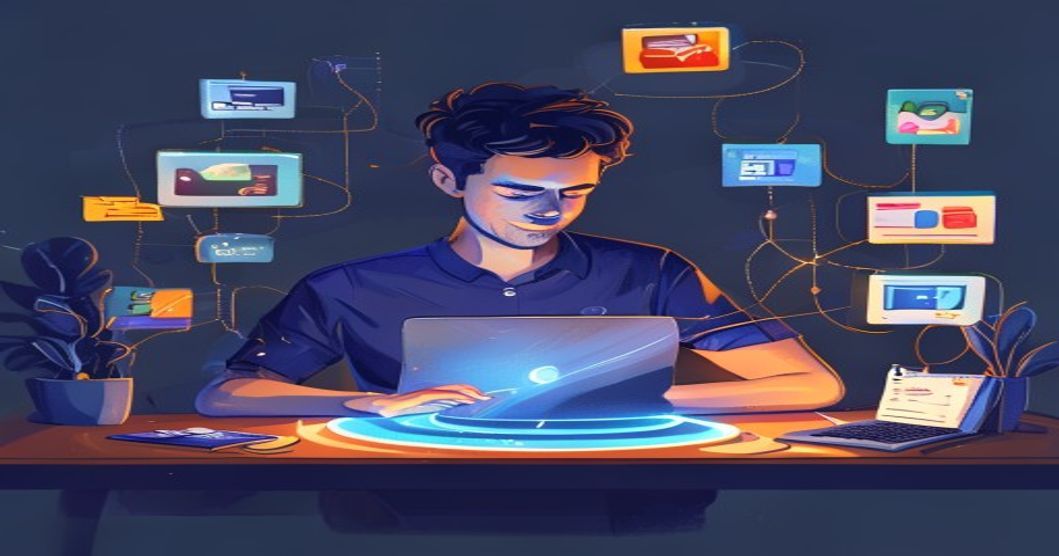 A developer at a laptop with a glowing circular pool on the desk in front of him filled with floating SaaS icons — cards, bug shapes, notebooks, calendars, charts — all connected by thin threads into his laptop.