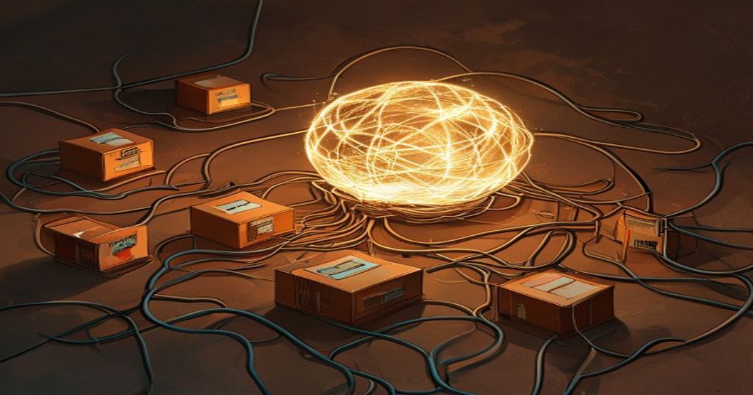 A central glowing orb with six clean cables running out to six small labeled boxes around it, next to a faded image of a tangled knot of wires being replaced.