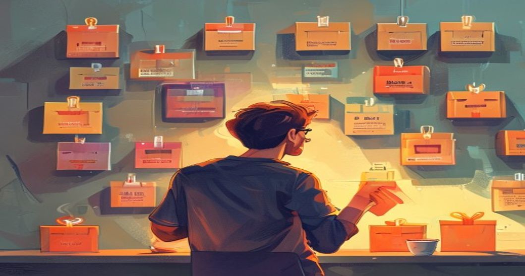 A calendar showing one week with small glowing package boxes stacked higher each day, and a tired but pleased developer glancing at it with a coffee cup.