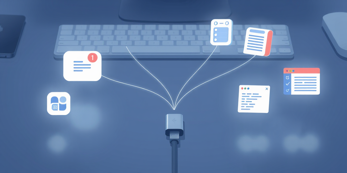A single USB-C cable in the middle of a desk with thin glowing wires fanning out to small floating app icons - chat, calendar, notes, design canvas, code editor.