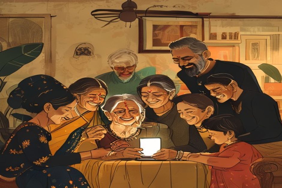 A warm, cosy scene of an Indian family huddled together around a glowing phone, smiling and laughing as they watch a nostalgic video.