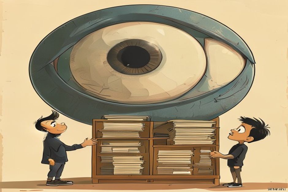 A giant cartoon eyeball with a wide smile holding a wooden filing cabinet stuffed with papers while a tiny nervous developer clutches one of his own files next to it.