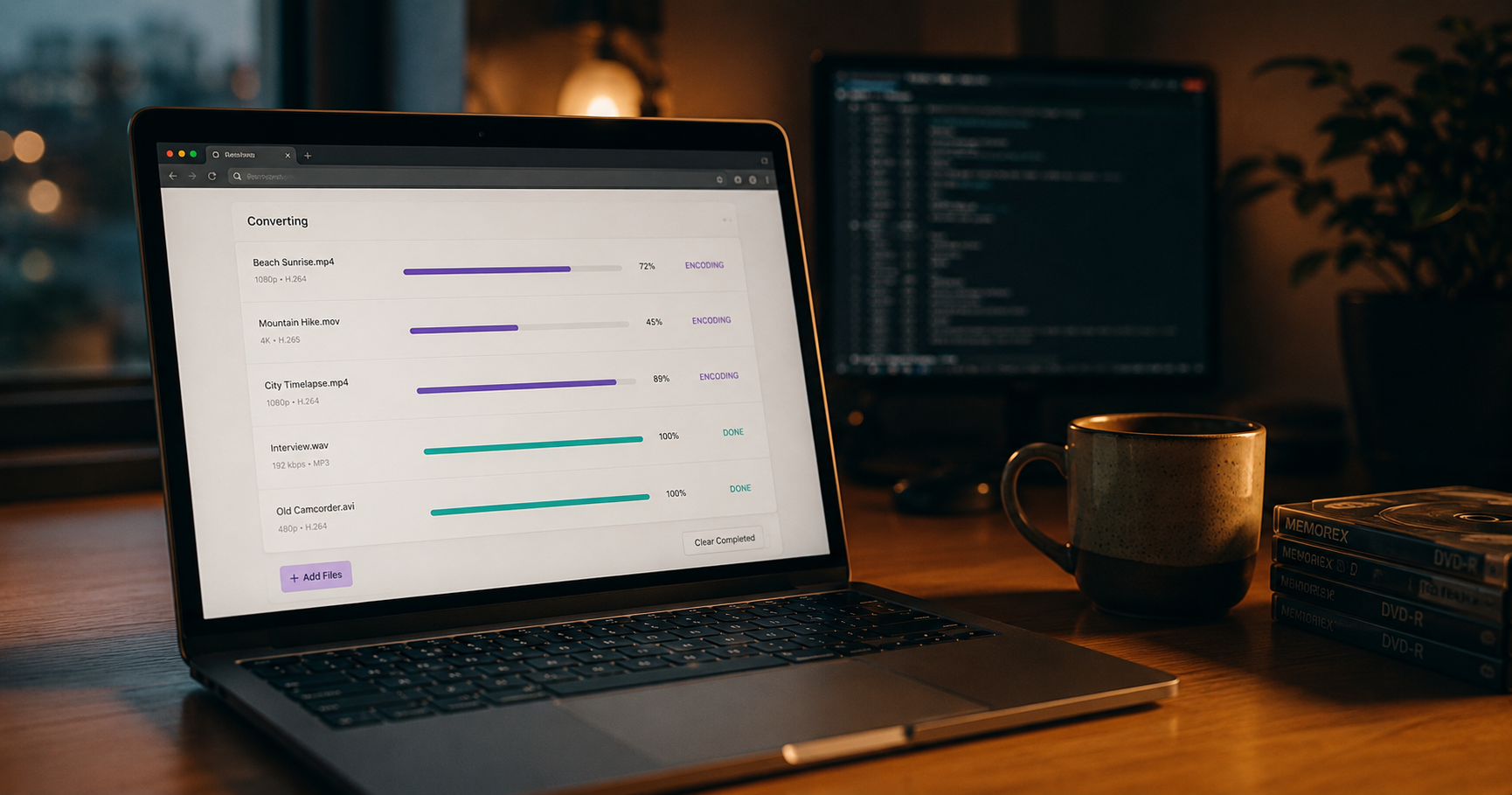 A clean local web app open in a browser on a Mac, showing media files being converted with live progress bars, warm desk light, the terminal sitting quietly in the background.