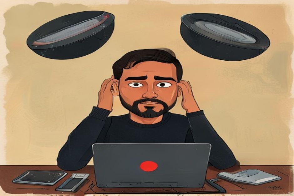 An overwhelmed developer in a grey hoodie at a laptop, three giant dark disc-shaped boulders floating menacingly above him, representing three DVD files bearing down.