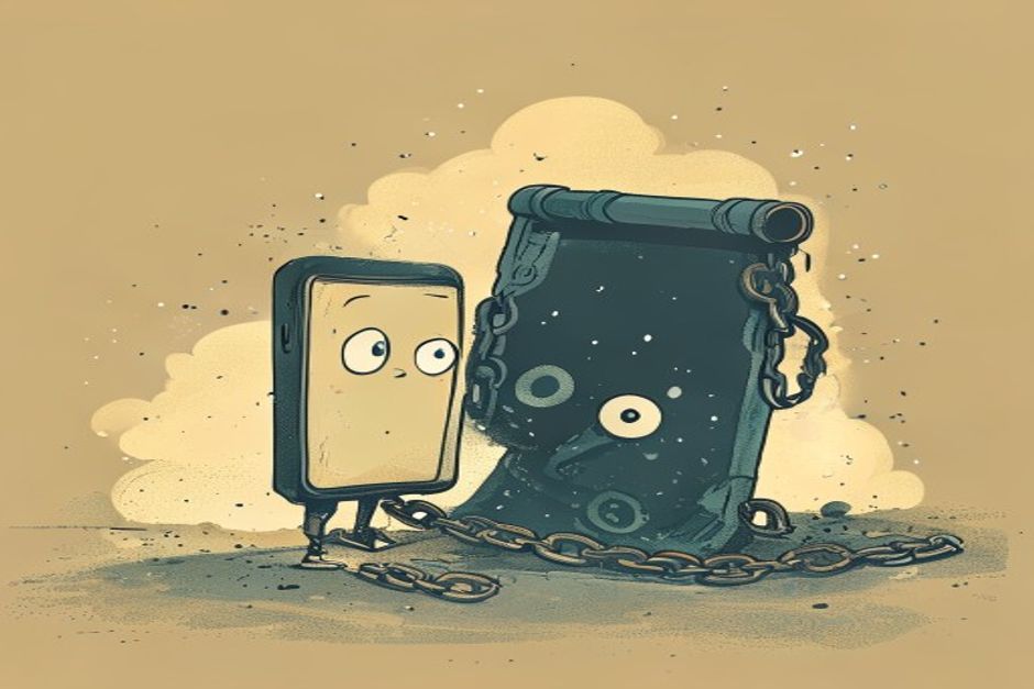 A confused cartoon smartphone with wide eyes standing next to a mysterious chained scroll covered in cryptic film reel symbols, representing a modern phone trying to open a .VOB file.