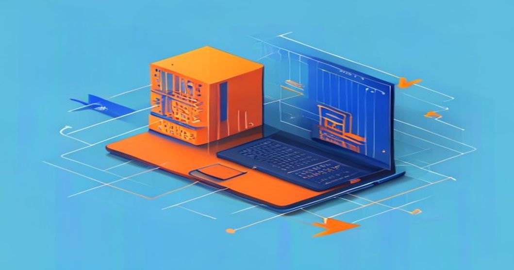 Isometric diagram of a client laptop connecting through an Nginx reverse proxy to a MinIO storage container, arrows showing HTTPS flow, technical illustration in blue and orange.