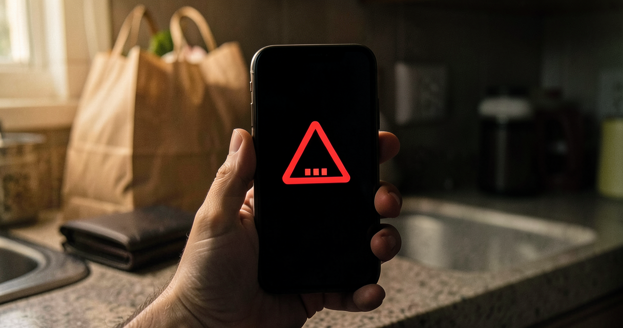 A hand holding a phone in a dim kitchen, the screen dark with a single red warning triangle and no signal bars, paper grocery bags and a wallet sitting blurred on the counter behind.