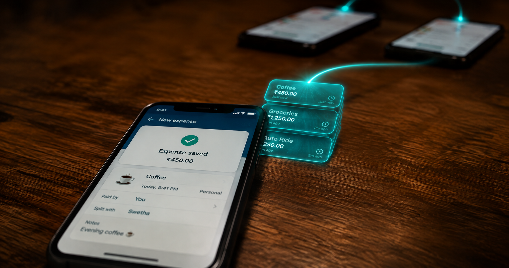 A phone on a warm wooden table showing an expense app with an entry just saved and no signal bars, a small stack of glowing cards queued behind it, a faint teal thread rising from the stack towards two other phones sitting out of focus. Cinematic realistic photo, moody warm lighting, teal accents.