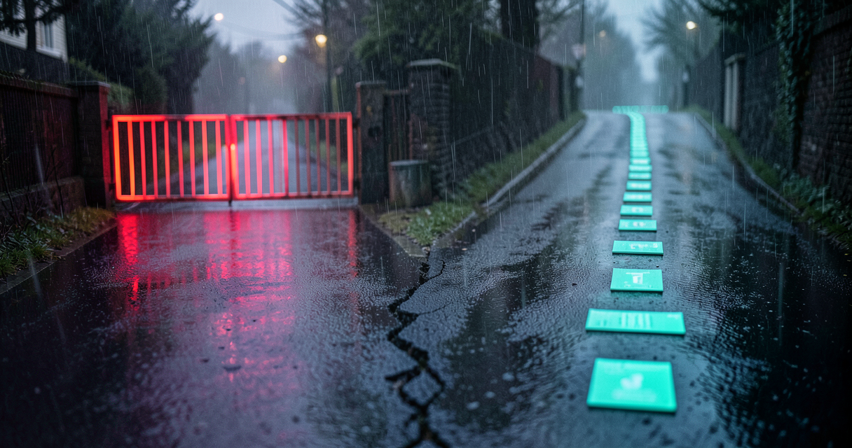 A dark wet street splitting in two, one side blocked by a glowing red barrier gate, the other side holding a patient line of small glowing teal cards waiting in the rain.