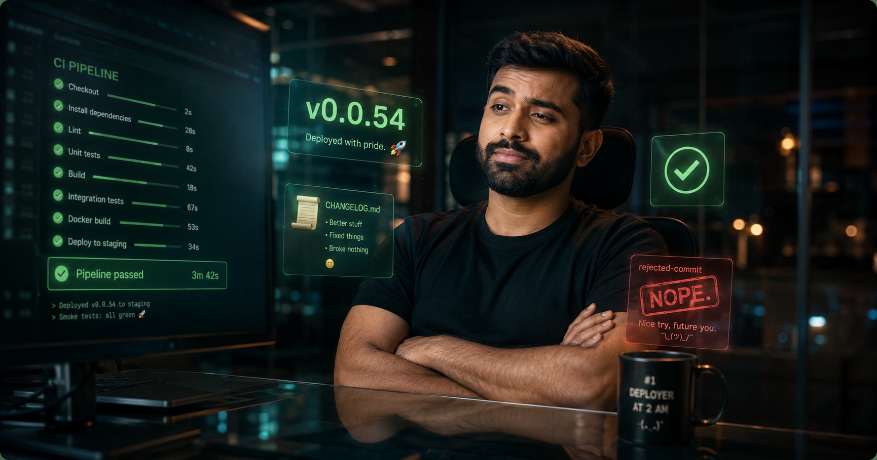 A South Asian developer in a black t-shirt sitting alone at a glass desk in a dramatic, cinematic office, looking slightly overwhelmed at a large monitor showing a green CI pipeline, floating holographic badges reading version 0.0.54 and a CHANGELOG hovering around him, warm rim lighting, shallow depth of field.