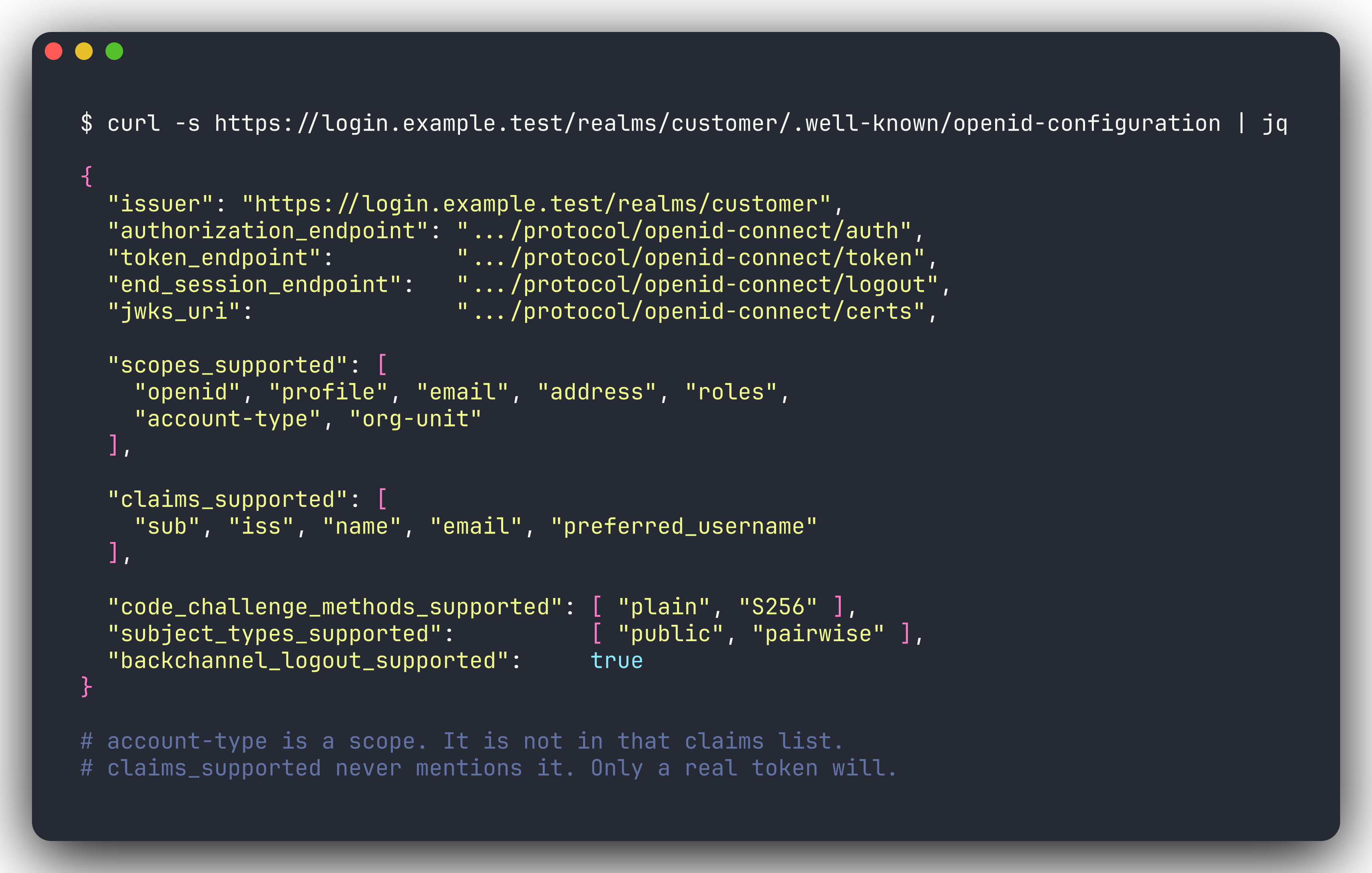 A trimmed discovery document from the upstream IdP, showing the endpoints, scopes_supported including a custom account-type scope, an incomplete claims_supported list, the PKCE methods and the subject types.