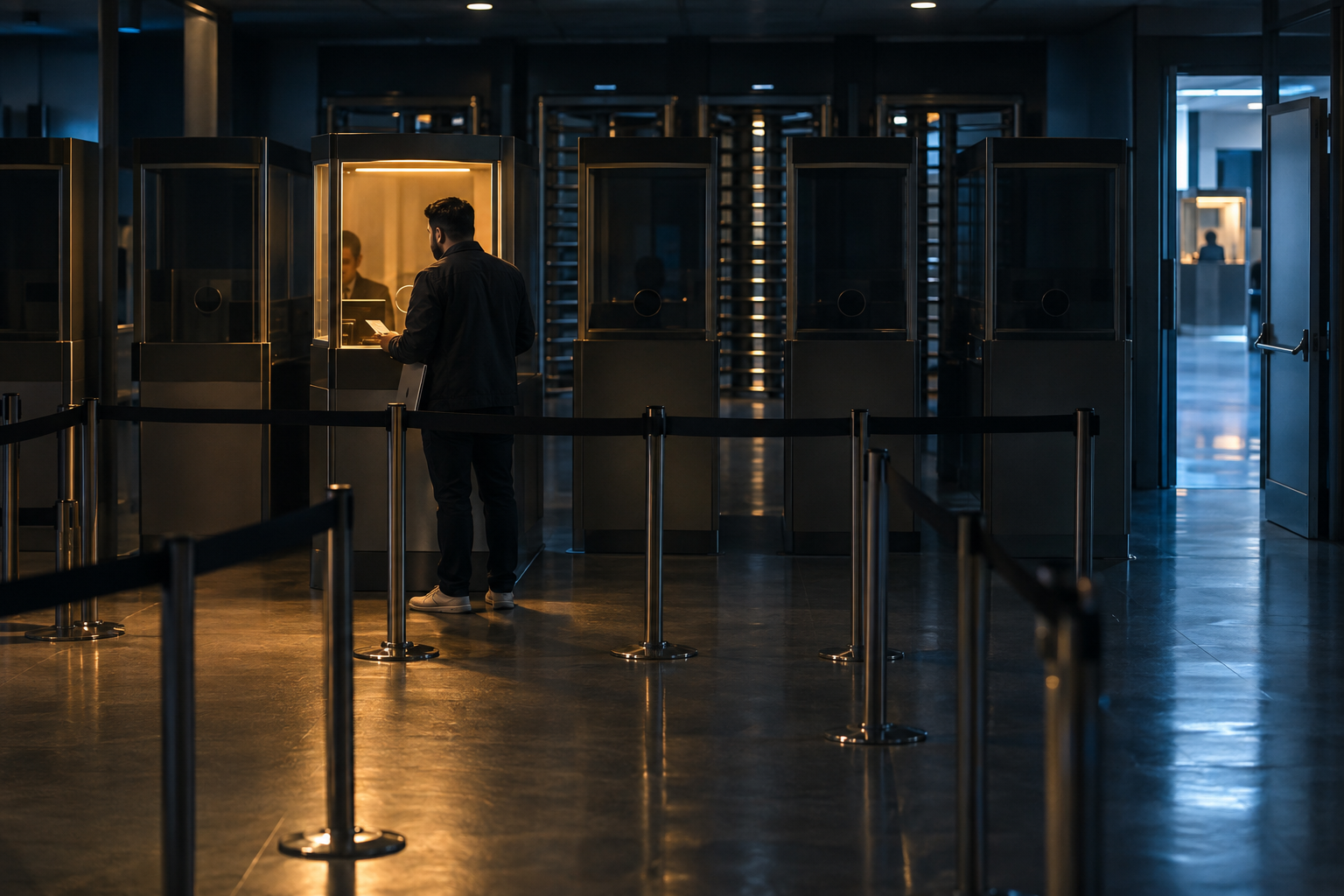 A dark passport control hall at night. One booth glows warm amber, the only lit one in a row of identical dark booths, and a man seen from behind hands a document through its window with a laptop under his arm. Turnstile gates stand behind the booths, and on the right an open door leads to a second hall where another desk is faintly lit.