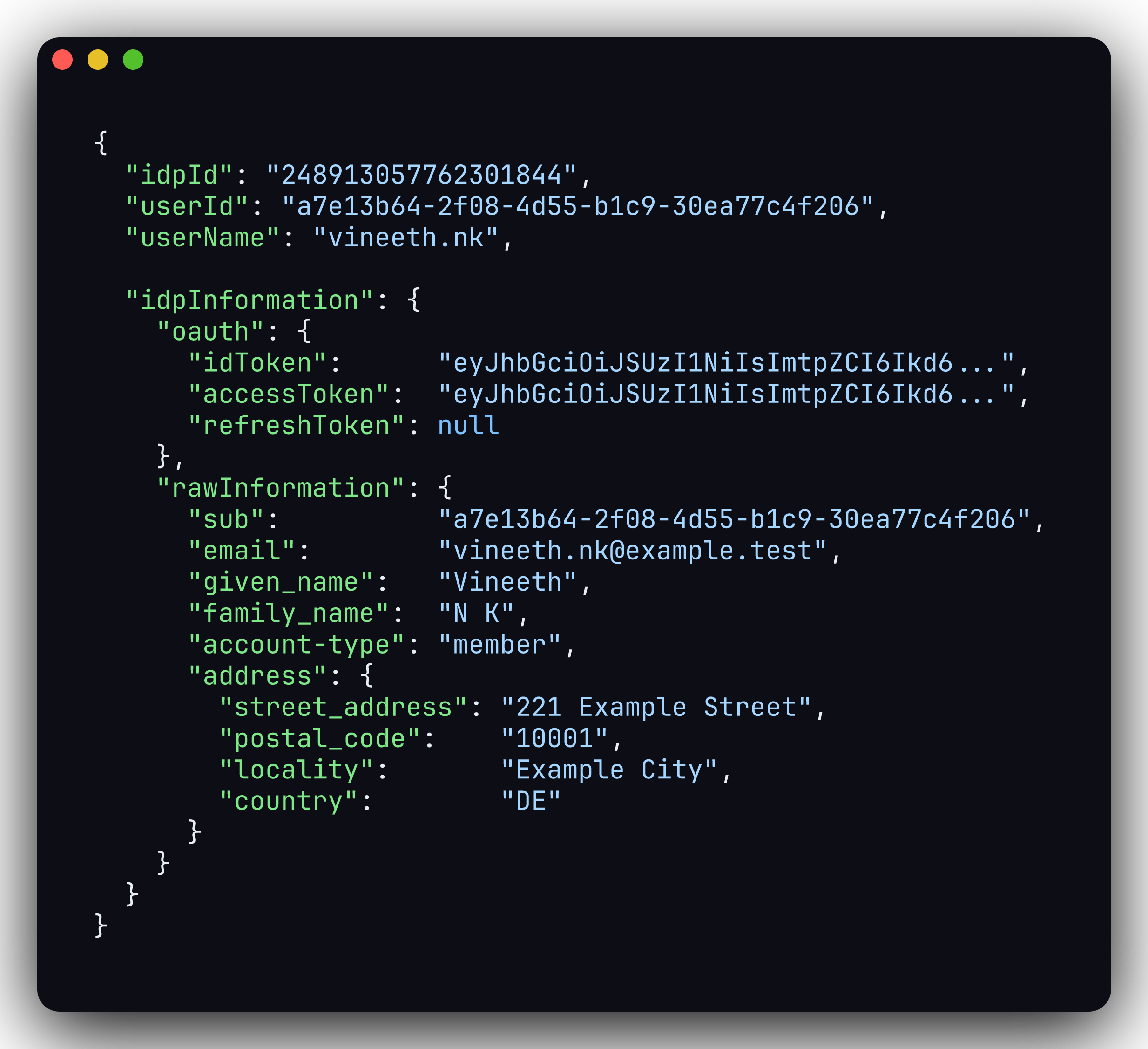 The intent retrieval response, showing idpId, the upstream userId, the upstream ID token, and the full rawInformation claim payload including a custom account-type claim and the standard OIDC address object.
