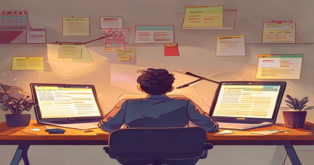 A developer at a warm wooden desk with two open laptops, each showing a repository folder with a small wiki folder glowing inside, background shelves of sticky notes and chat bubbles being filed away, editorial flat cartoon style, muted retro colours