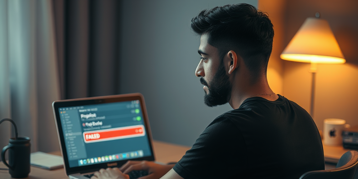 A man at a wooden desk staring at his MacBook Air as a list of project backups runs on screen, one row at the bottom marked FAILED in red, warm desk lamp light.