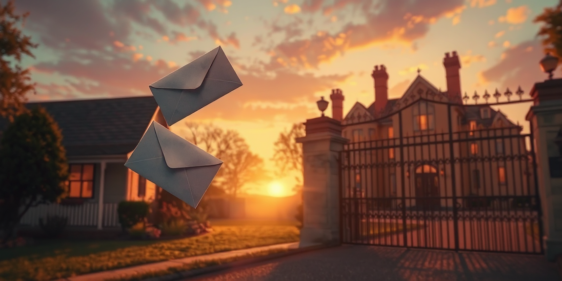 2 envelopes flying toward 2 different houses at sunset, one slipping cleanly through an open mail slot of a small cottage, the other being silently bounced back from a stern security gate of a fortified mansion, cinematic illustration, warm side light, soft depth of field.