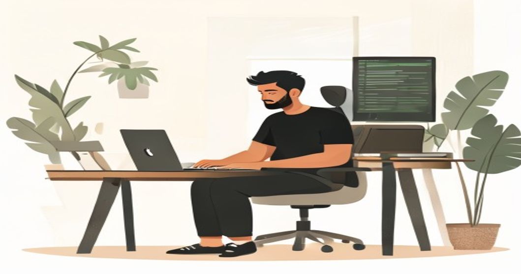 A developer in a black t-shirt at a home office standing desk, MacBook Air connected to a large external monitor showing terminal logs, editorial illustration style.