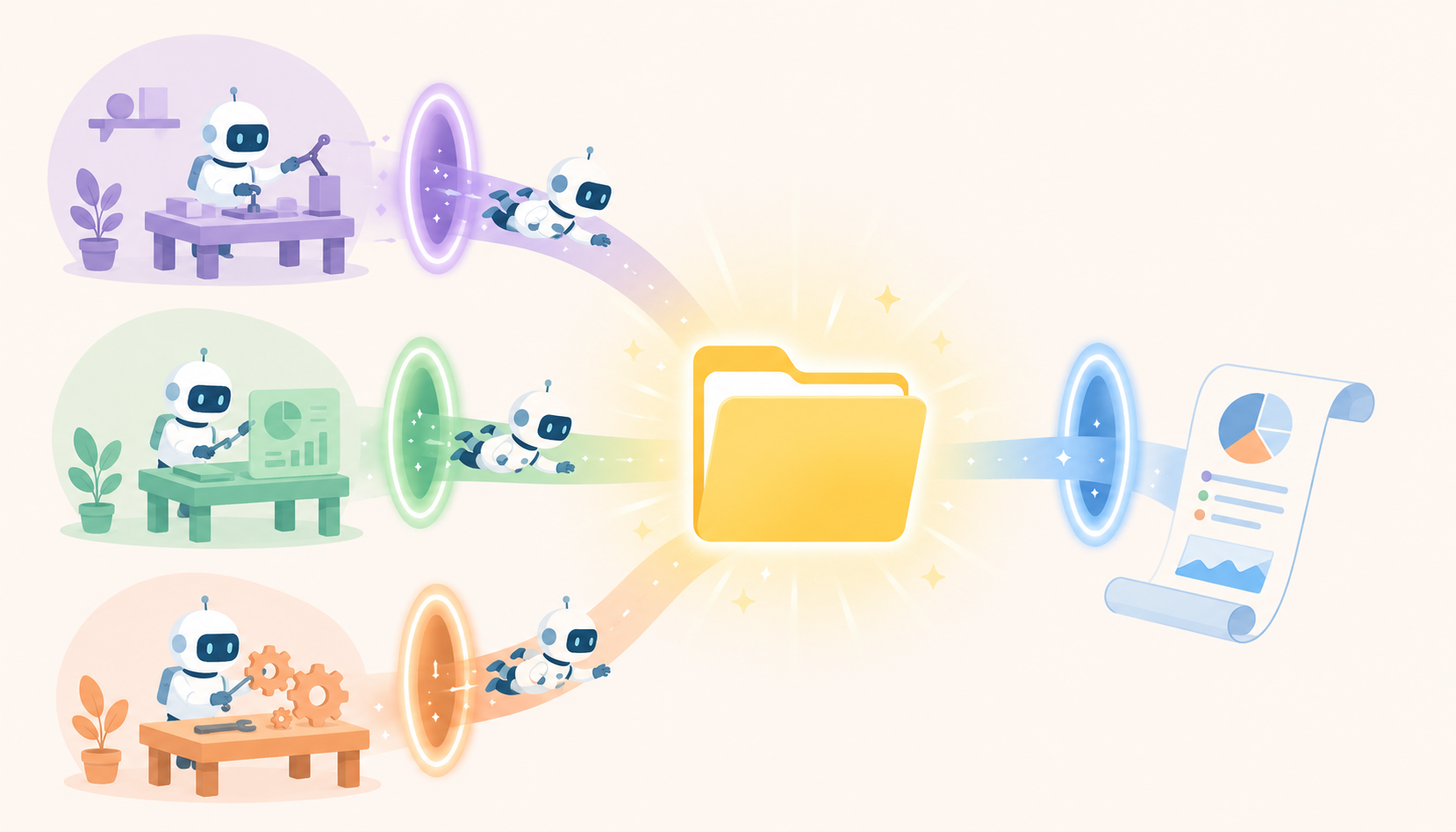 A central glowing folder dispatching three small helper robots through separate portals to do parallel tasks, with a single report scroll returning to the center, flat illustration in soft pastel colors.