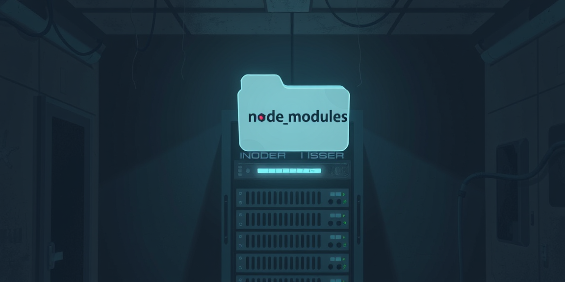 A ghostly translucent folder labelled node_modules hovering above a dusty old server rack, cobwebs in the corners, faint blue glow lighting the room.