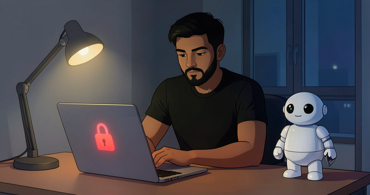 Flat editorial illustration of a developer at his desk at night, working on a laptop that shows a red locked-padlock icon, a small friendly white robot standing beside the desk with no keycard. Dim office, warm desk lamp glow, soft muted colors, modern minimal style.